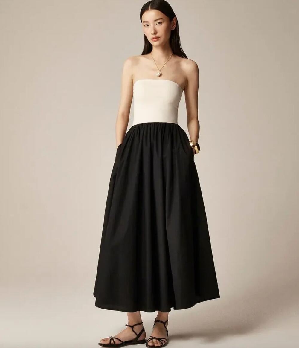 J Crew Strapless Mixy Dress XS Natural And Black Pockets